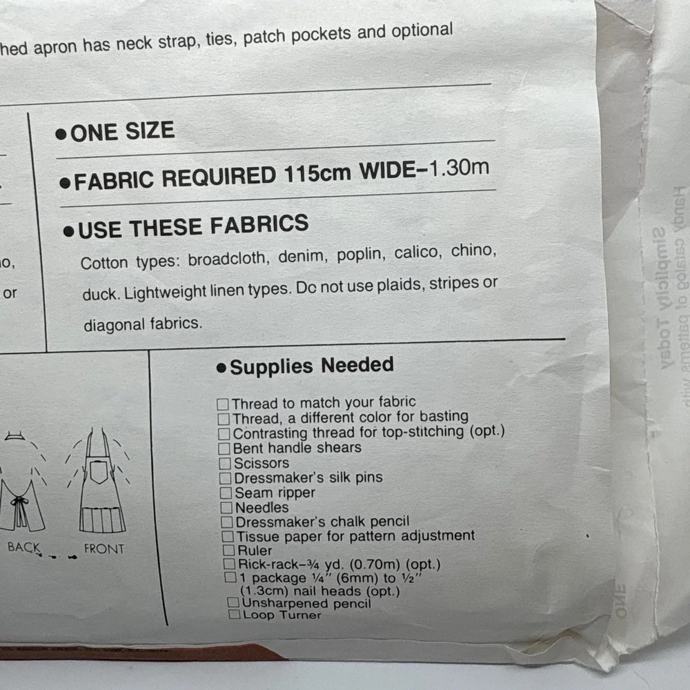 Simplicity 6515 Beginner's Choice Level 2 Apron Sewing Pattern Miss Men One Size